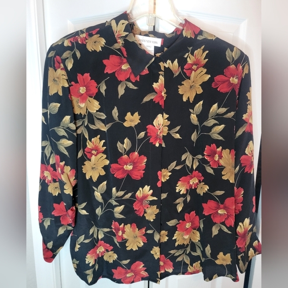 Jones New York Red and Yellow 3/4 Sleeve Blouse with Mandarin Collar 100% Silk - Picture 1 of 6